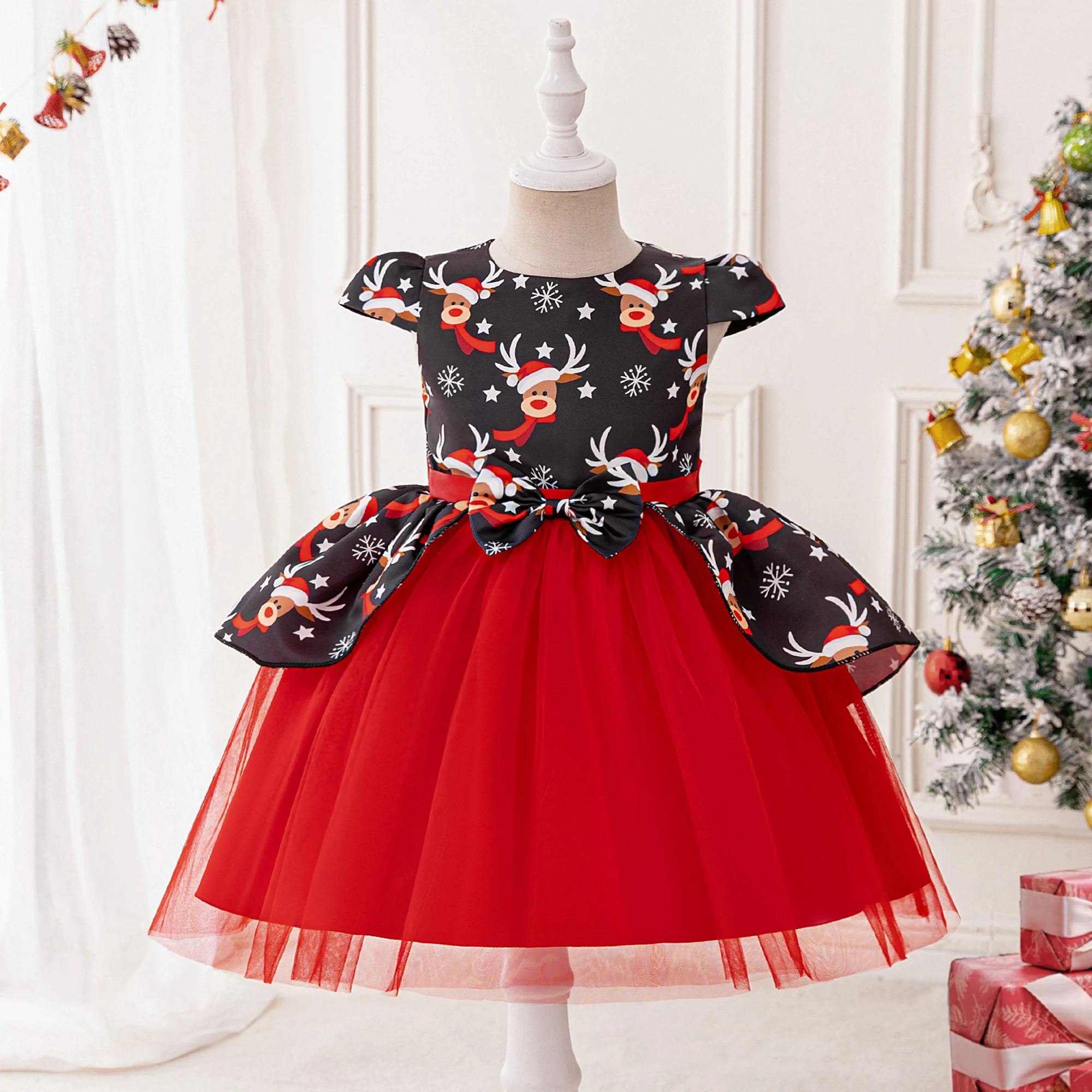 

Girls Elk Deer Christmas Costumes Carnival Cosplay Halloween Red Birthday Party Princess Dress Snowflake Xmas Bow Kids Clothing