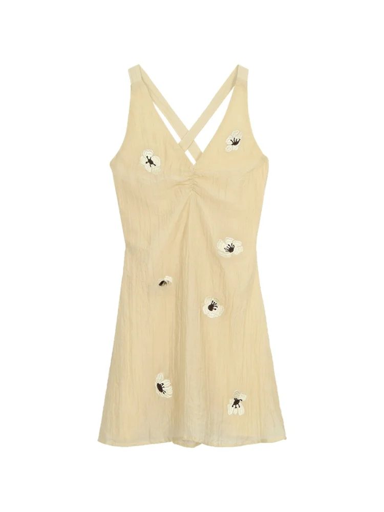 فستان صيفي جديد أصفر بدون أكتاف وياقة على شكل V للنساء، فستان بخصر مرتفع وتصميم A-line، أنيق وبسيط للعمل، فستان G عصري #5