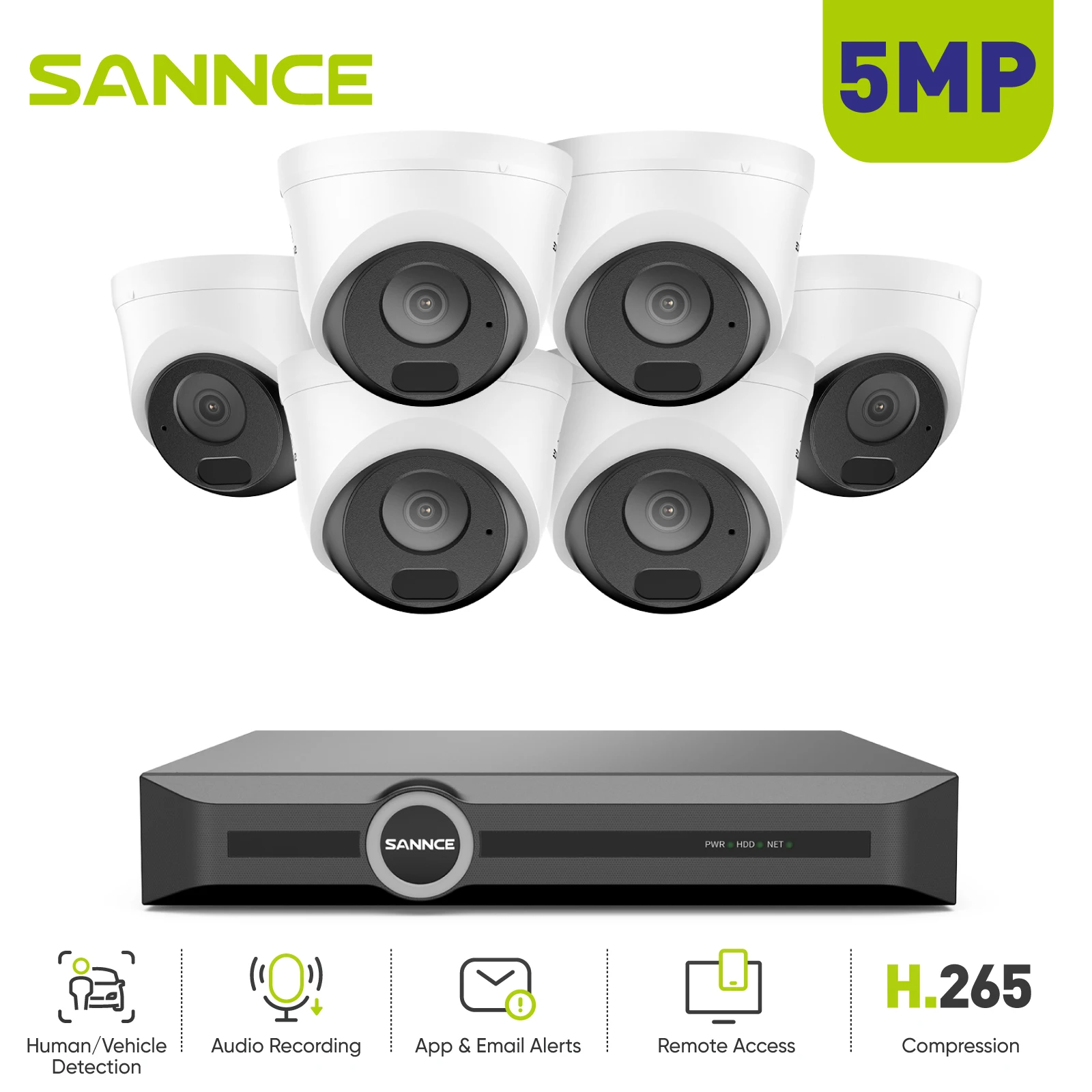 

SANNCE 5MP 8CH NVR PoE IP-камера видеонаблюдения, аудиозапись, 100 футов, ночное видение, обнаружение людей и транспортных средств, наружное видеонаблюдение