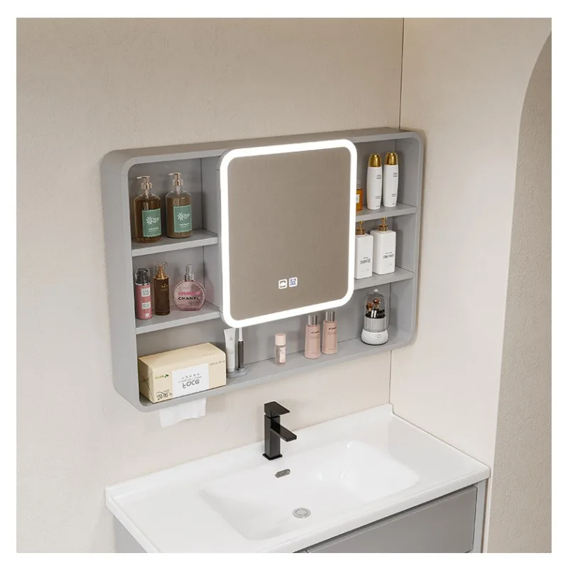 

Bathroom Mirror Smart LED Cabinet Anti Fog Carbon Fiber Aerospace Aluminum Curved Wall Mounted Storage Household Furniture