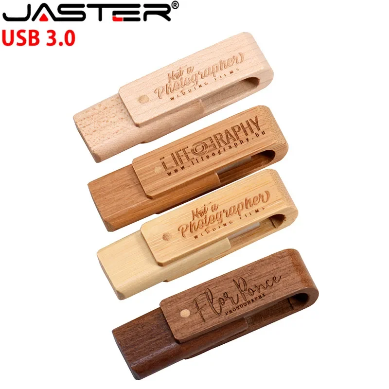 JASTER USB 3.0 레이저 조각 로고 맞춤형 나무 회전식 플래시 드라이브 Pendrive 4GB 8GB 16GB 32GB 메모리 스틱 선물