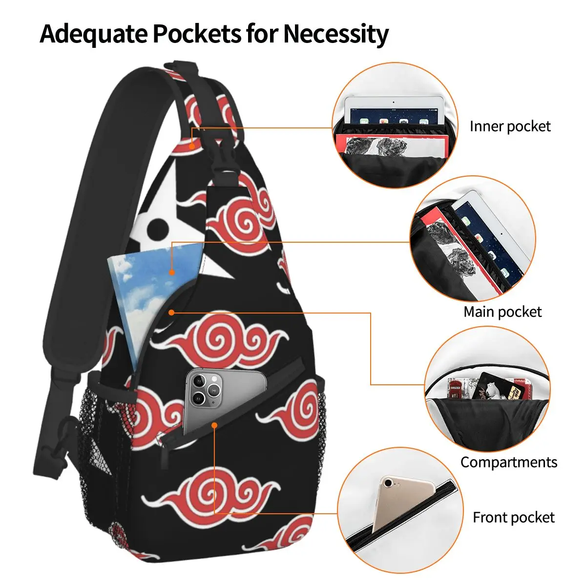 Japanese Shuriken Red Cloud Pattern Akatsuki Crossbody Chest Bags Pockets Travel Pack Messenger Sports Teens Shoulder Bag Unisex