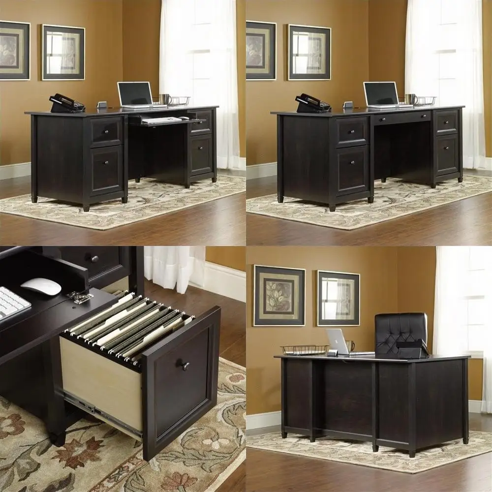

Engineered Wood Executive Desk, Estate Black inish, 65.13" H x 29.5" W x 29.38" D, 4 Ders, Keyboard Tray, ile Storage, Grommet H