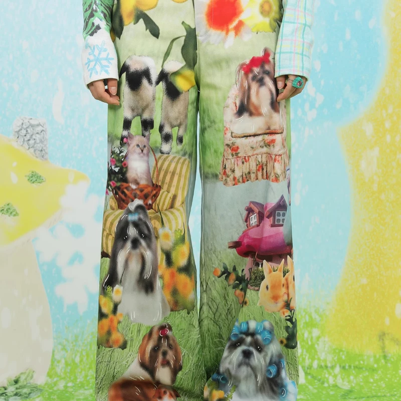 2025 Spring And Summer Women's Trousers Japanese Original Y2K Green Cartoon Cute Printed Elastic Wide-leg Casual Long Pants Girl