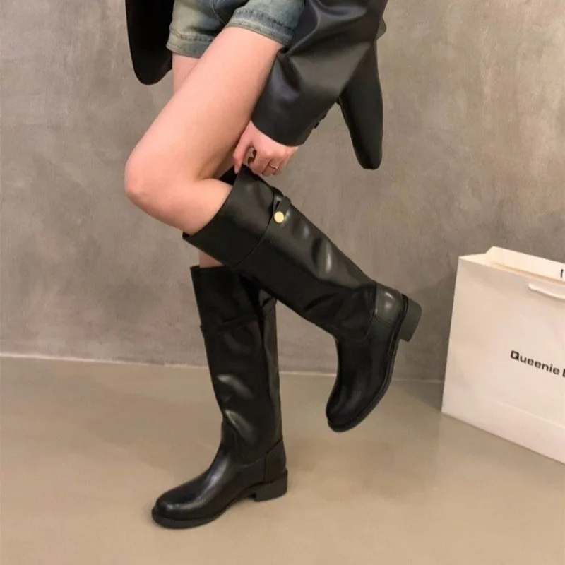2026 Women Leather Knight Boots High Vintage Little Gold Buckle Knee-high Boots Women Sleeve Boots