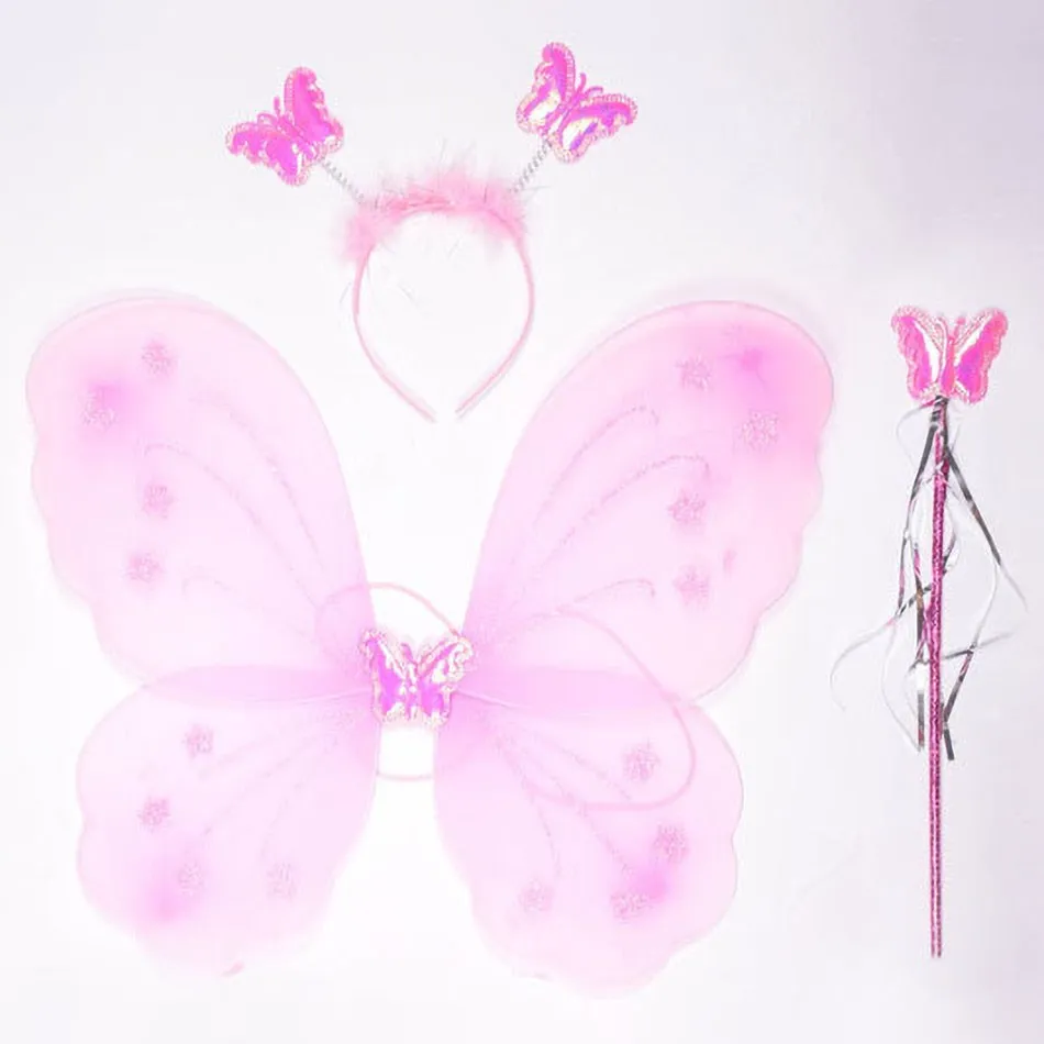 Girls Butterfly Wing Kit Children Pink Purple Princess Costume Accessories Kids Wing with Powder Headband Wand Set Party Supply