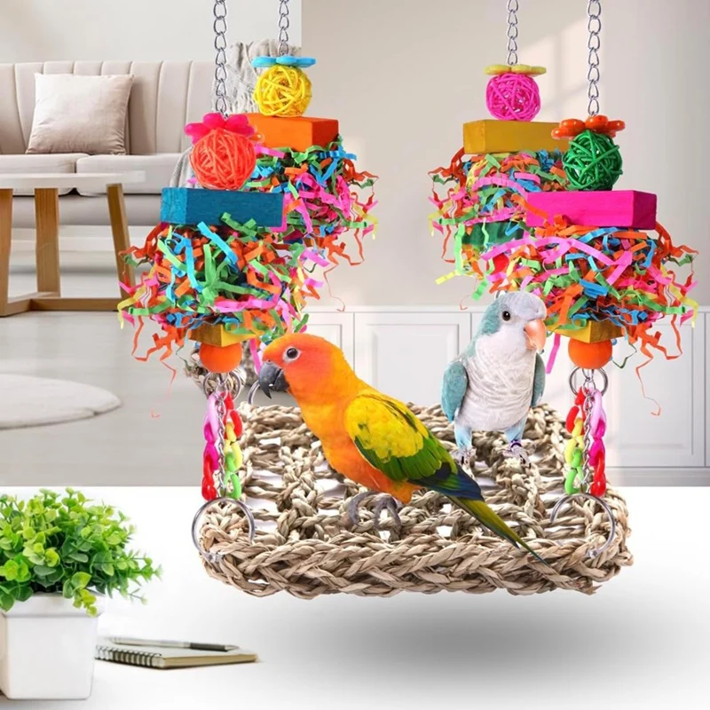 Parakeet Toys Bird Toys Conure Toys Birdcage Stands Bird Foraging Wall Seagrass Woven Hammock Swing Mat For Cockatiel