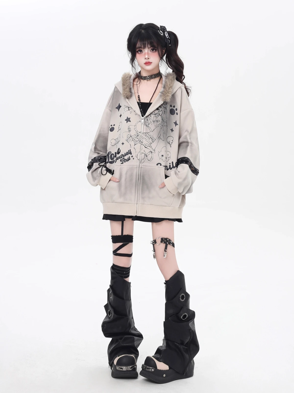 American Punk Sweet Cool Girl Fur Collar Hooded Jacket Lace-up Long Sleeve Cartoon Print Zipper Casual Sweatshirts Women Autumn