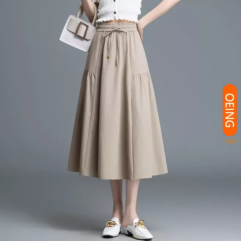 

Elastic High Waist Drawstring Loose Fit A-line Long Skirt Women 2024 Spring Autumn Elegant Vintage Casual Skirts Plus Size 2416