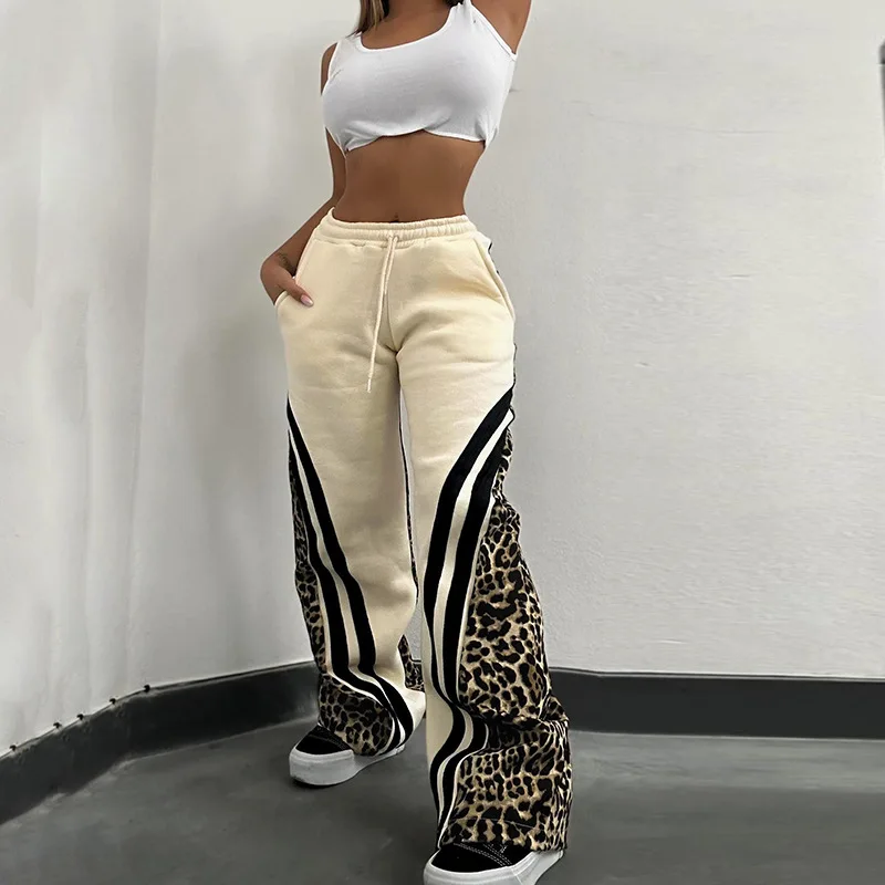 Gtpdpllt Leopard Printed Striped Wide Leg Sweatpants Women Fashion High Waisted Straight Trousers 2024 Autumn Baddie Streetwear