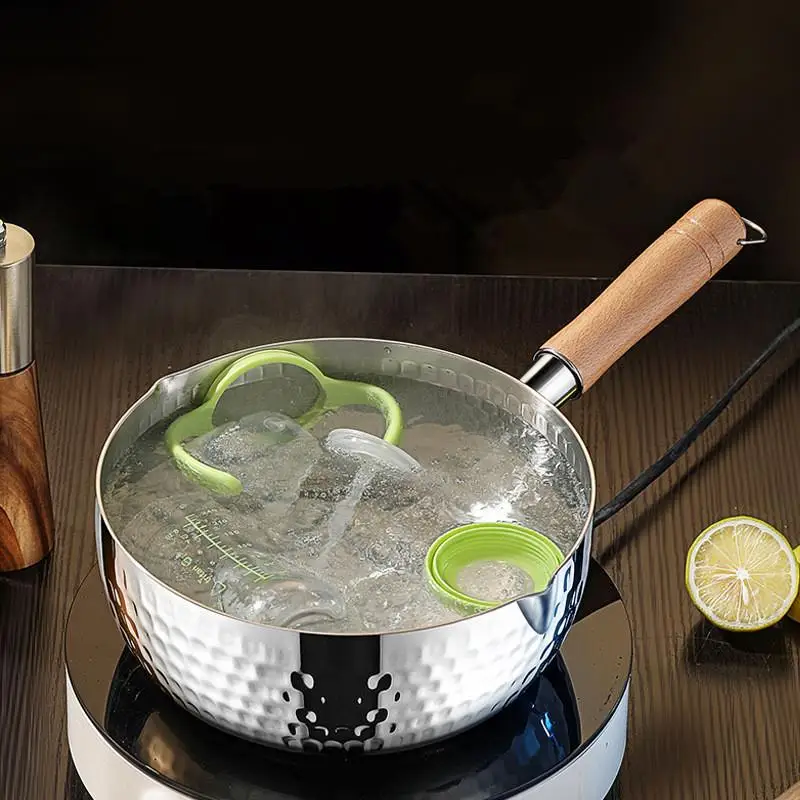【S】Stainless Steel Soup Pot Snow Pot Flat Bottom Non-Stick Wok Solid Wood Handle With Hook Stew Pot Milk Pot Kitchen Cookware