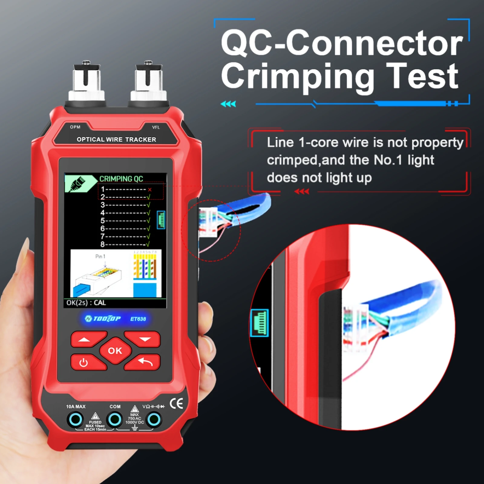 TOOLTOP ET638 4 IN 1 Digital Network Cable Tester QC Crimping Test Multimeter 10W Vistal Fault Locator 70dBm Optical Power Meter