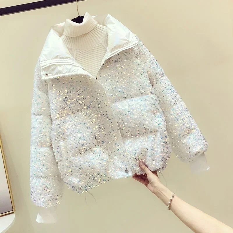 Pop Sequin Heavy Lndustry Down Cotton-Padded Jacket Women's Winter Korean Loose Collar Short Bread Cotton-Padded Jacket Coat