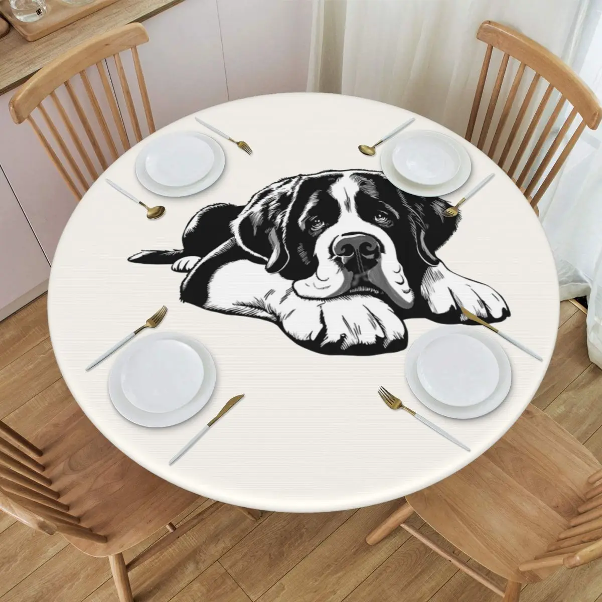 The Saint Bernard Waterproof Round Tablecloth Oilproof Table Cloth for Kitchen Events Dining Table Cover