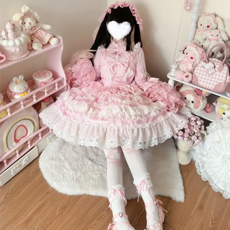 2025 New Victorian Sweet Lolita Dress Women Kawaii Cute Lace Ruffles Flower Wedding Bow Japanese Retro Elegant Princess Dresses