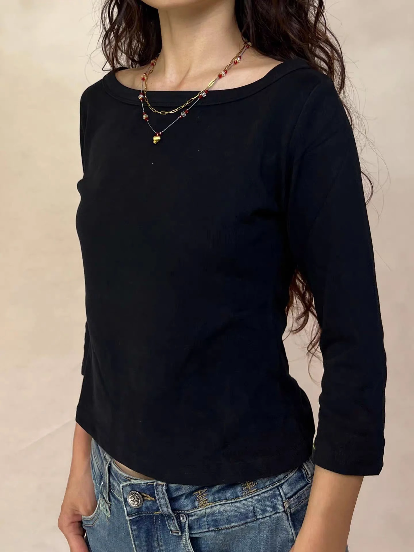 Solide Grund Hülse Mit Drei Vierteln T-shirts Frau Herbst Slash Neck Baumwolle Schlank Crop Top Weibliche Casual Einfach Alle-spiel t-shirts – Detail 6