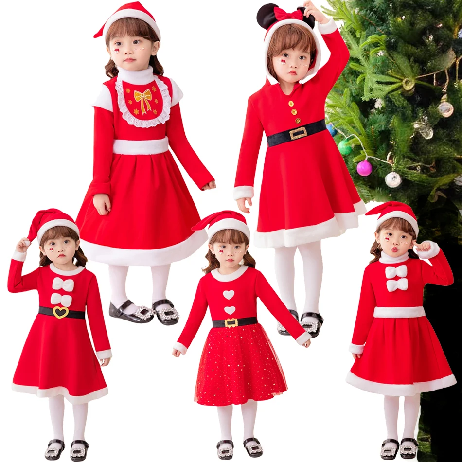 

Christmas Party Girl Red Velvet Dress With Hats Children Fantasy Princess Frock Kids Stage Performace Santa Sets Birthday Gift