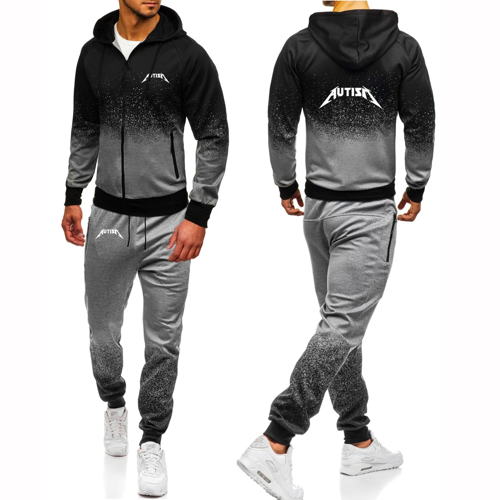 

2025 Spring Autumn Man's Autism Metal Rock Meme Logo Print High Street Personality Hoodies+Casual Pants Gradient Color Suits