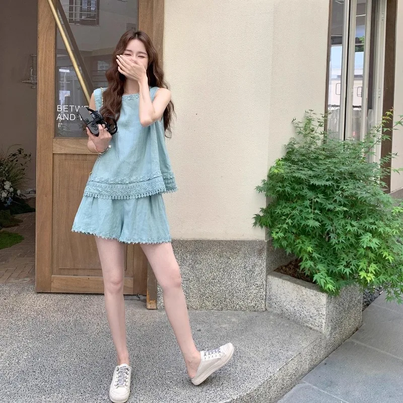 

Женская одежда, летняя модная повседневная свободная кружевная однотонная футболка без рукавов с круглым вырезом, женская трендовая универсальная майка из двух предметов