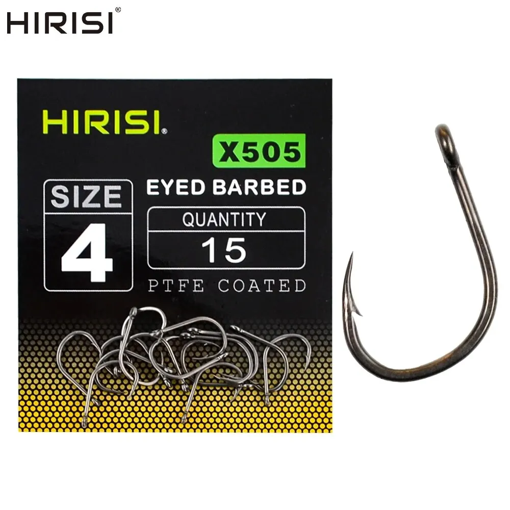 Hirisi 15 x PTFE-beschichteter Angelhaken aus Edelstahl mit hohem Kohlenstoffgehalt und Widerhaken mit Öse für Karpfenangeln, Verbindungszubehör X505
