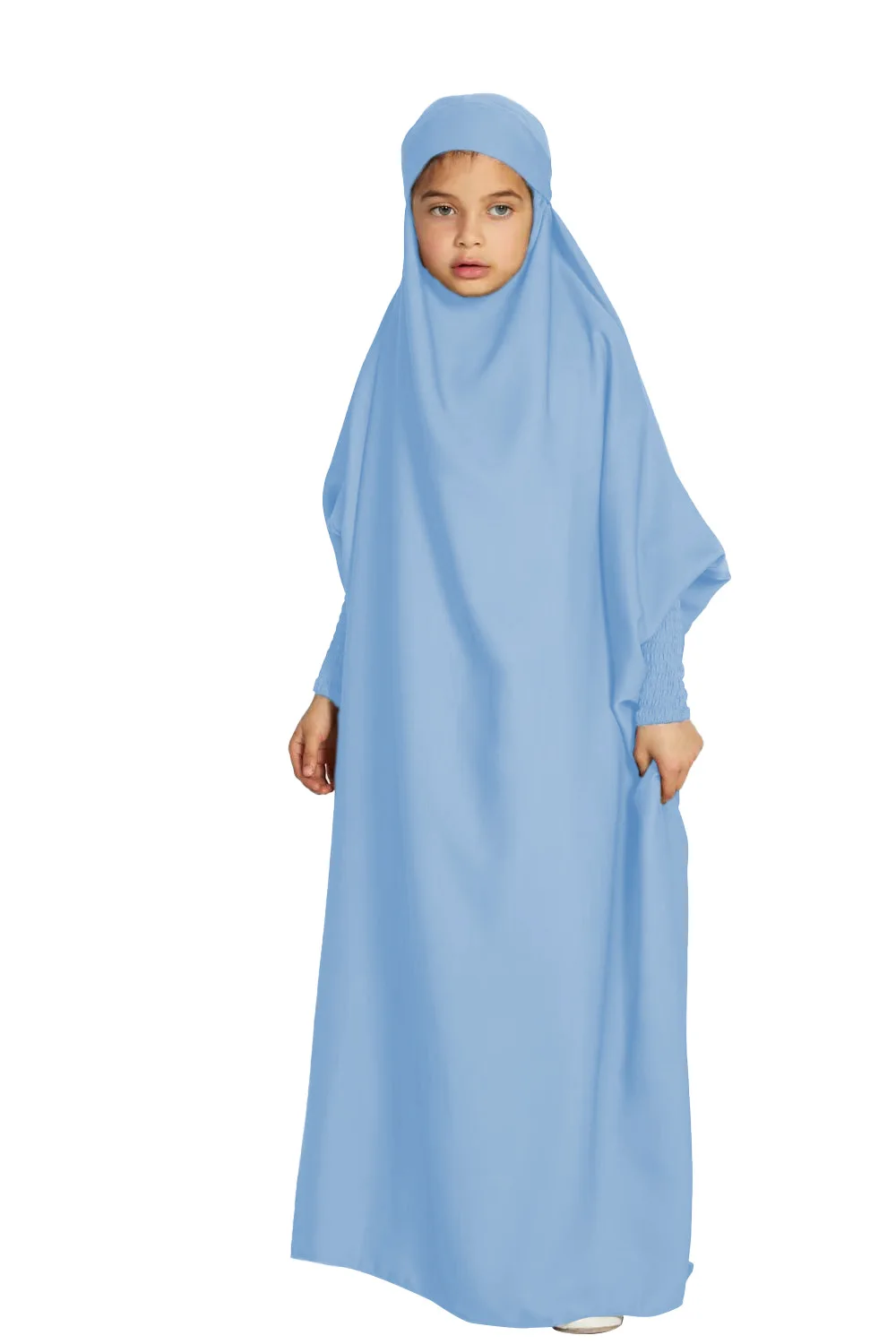 One Piece Prayer Dress for Kids Girls Muslim Islamic Child Clothing Modest Robe Turkish Dubai Abaya Overhead Abayas Garment Gown