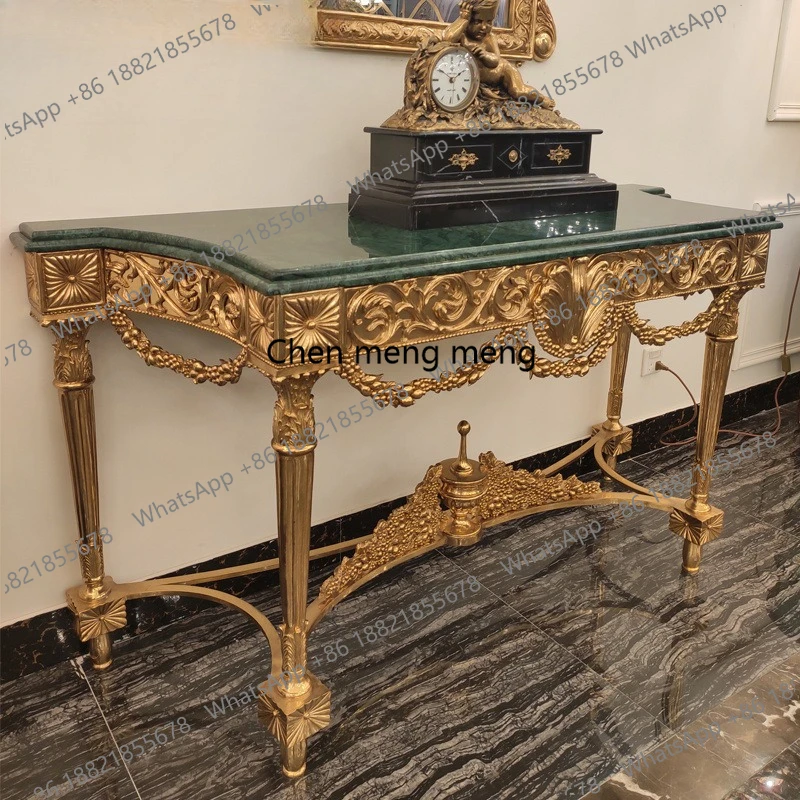 French luxury large flower green marble surface copper carved villa living room foyer entrance table