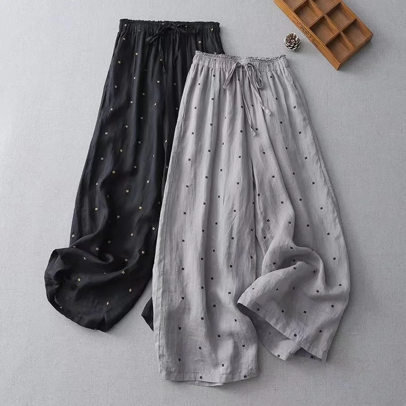 

Vintage Female Cotton Harem Pants 2024 New Summer Casual Loose Ladies Wide Leg Pants Elastic Waist Draped Straight Trousers