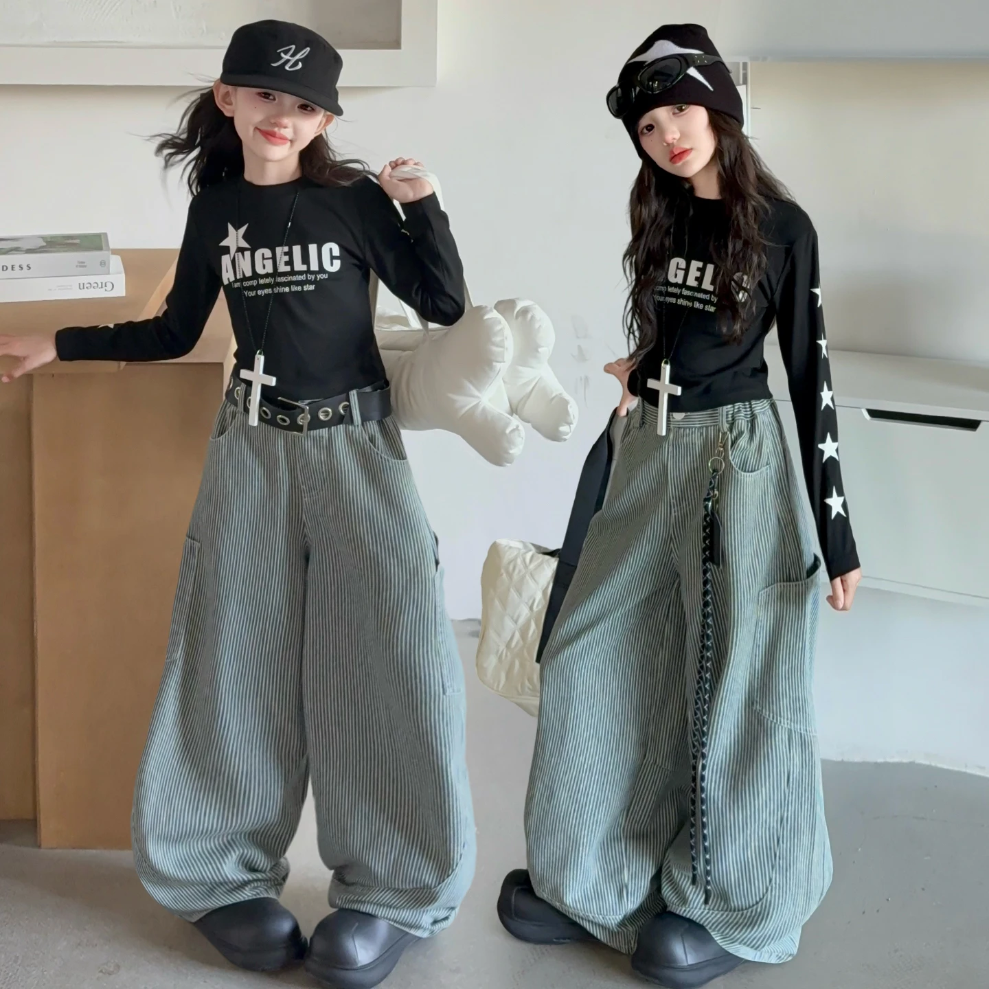 

2025AW Girl Clothes Sets 4-14Y Kid Clothing Set Child 2Piece Of Star Tee Top+Baggy Pants Bottom Toddle Loose Street Style Suit