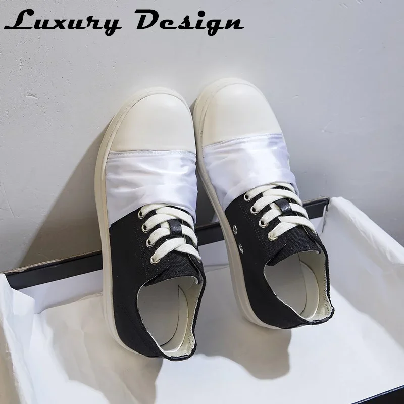 Vintage Design Men's Shoes Low Top Lace Up Fashion Platform Black Canvas Casual Flats Shoes Women's Round Toe Chunky Sneaker