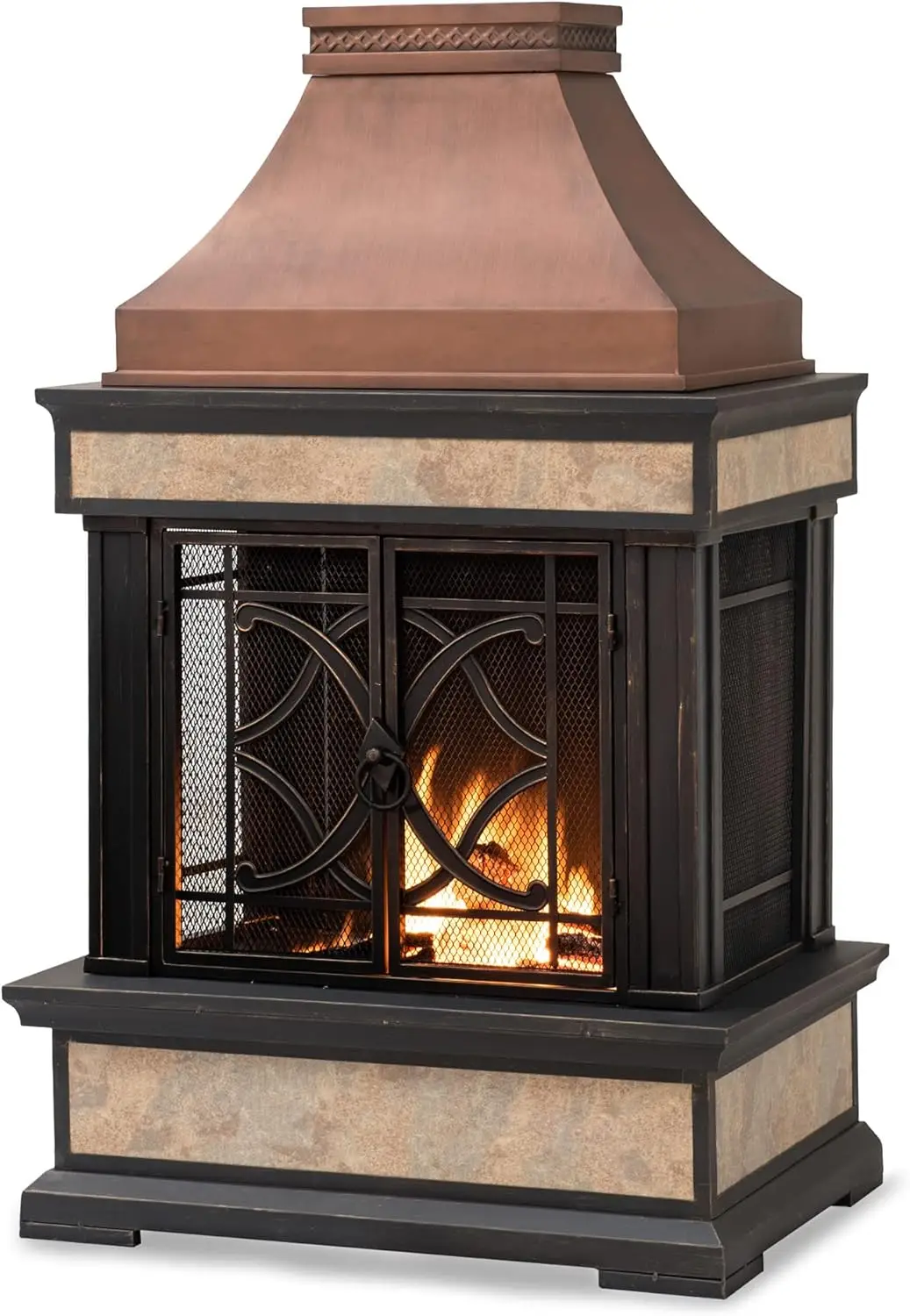 

Smith Collection Patio Wood Burning Steel Fireplace with Chimney, Spark Screen, Fire Poker, and Removable Grate, Copper with