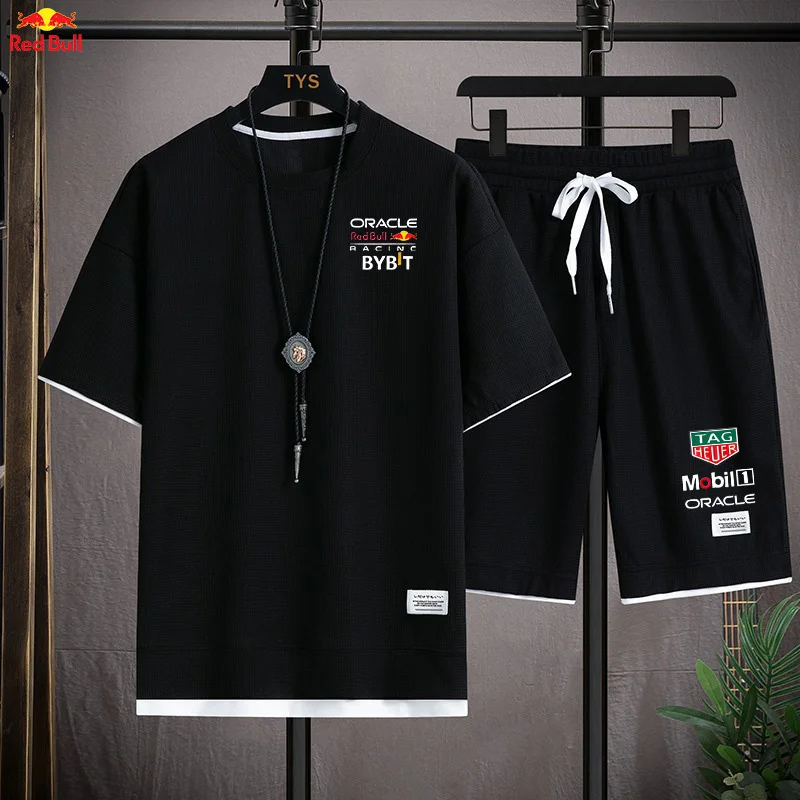 

Red Bull 2025 летняя мужская повседневная футболка и шорты из вафельной ткани, модный комплект (удобная одежда для спорта и фитнеса)