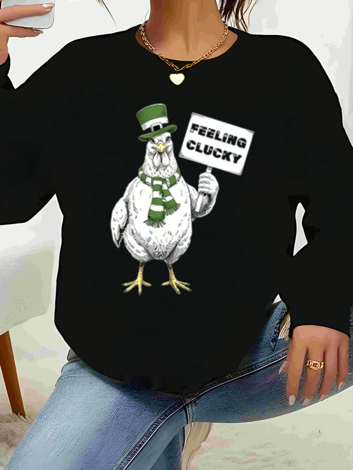 

Курица в шляпе и шарфе, толстовка с длинными рукавами на день Святого Патрика, повседневная одежда для женщин