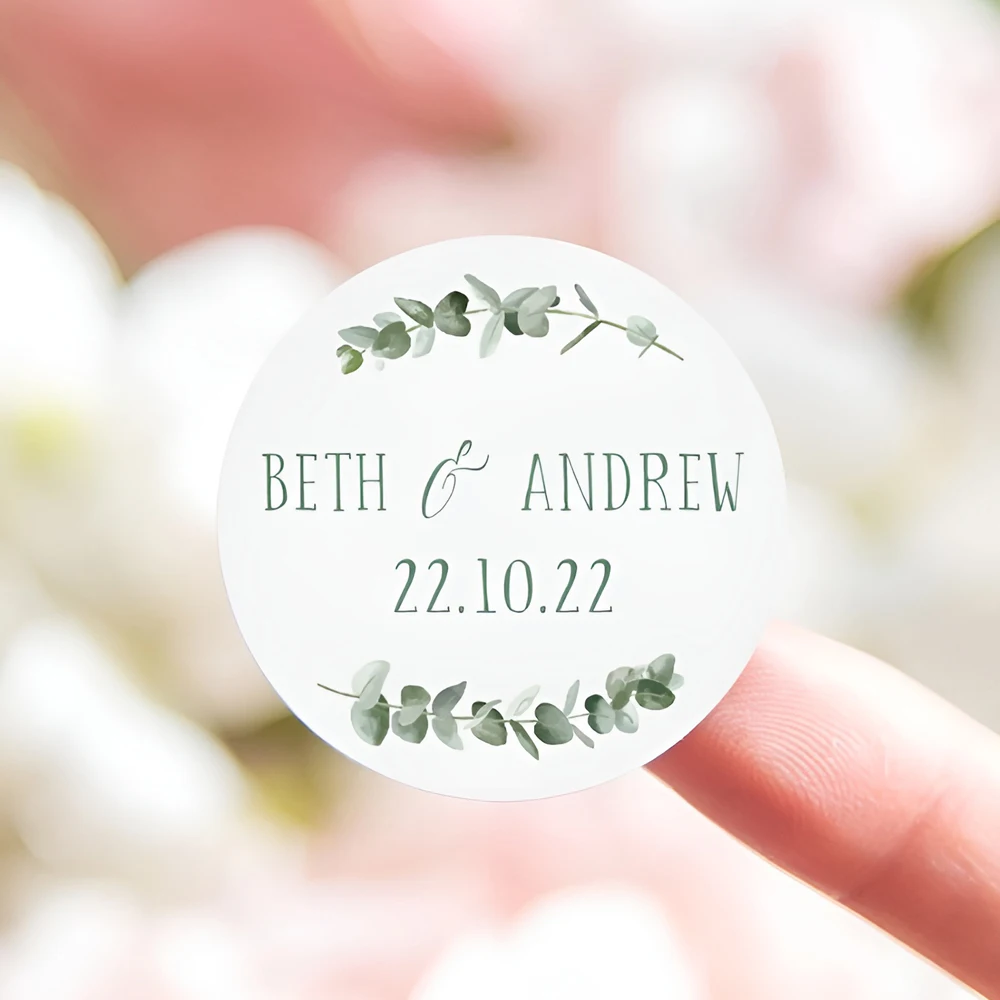 

Personalized Wedding Stickers with Name Date, Custom Sticker for Eucalyptus Leaves, Round Wedding Stickers