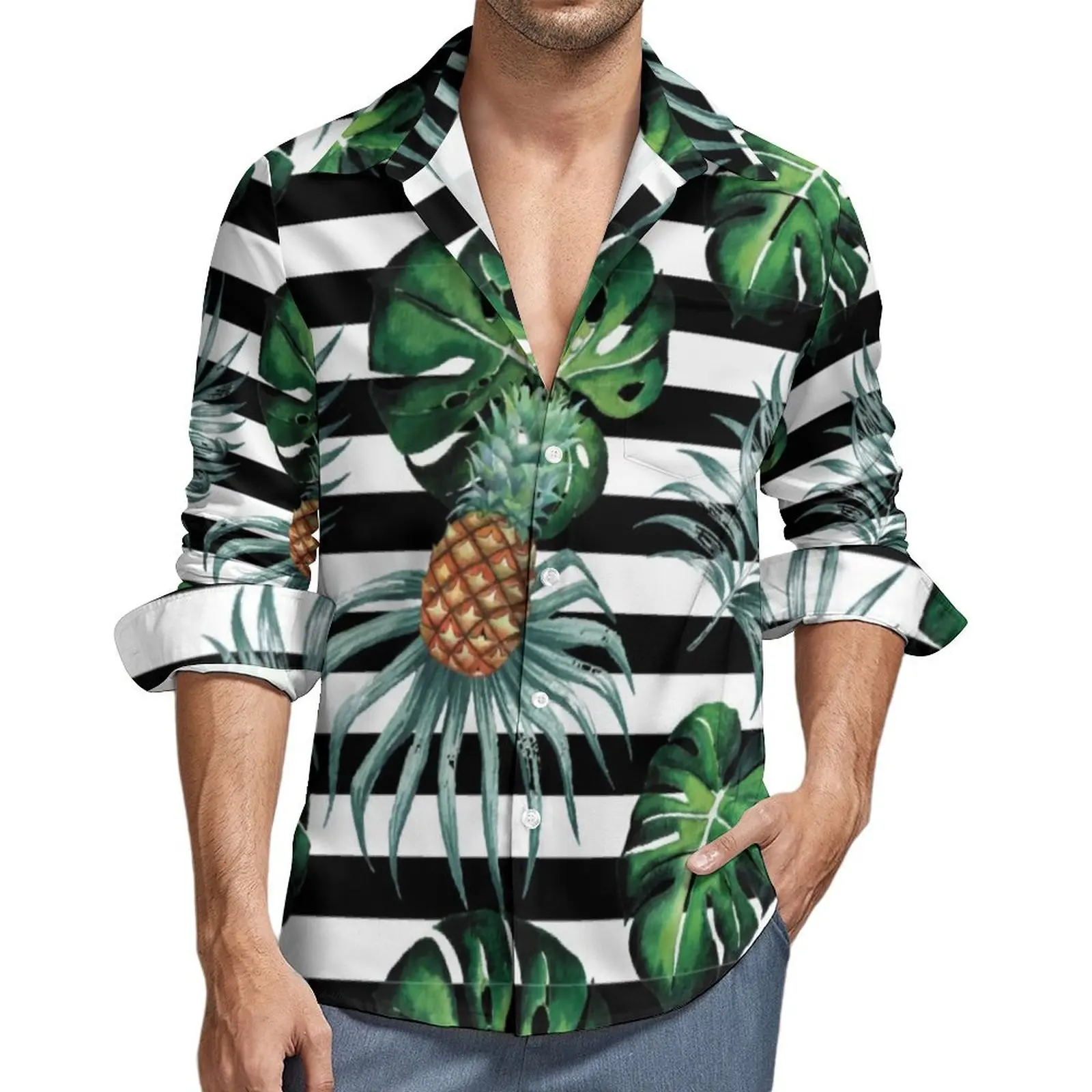 Tropical Pineapple Blouse Men Black Stripes Print Shirt Long Sleeve Trendy Streetwear Casual Shirts Autumn Clothing Large Size