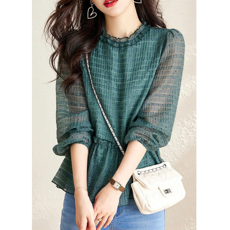 Simple Chic Green Ruffle Long Sleeve Elegant Fashion Top Blouse Women Spring Print Office Lady Casual Shirts Blusas Clothing2023