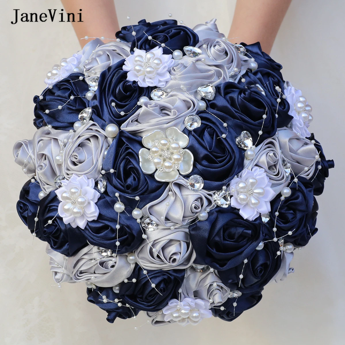 

JaneVini Fashion Navy Silver Bridal Bouquets Bling Crystal Pearls Handmade Satin Roses Bride Bouquet Flower Wedding Accessories