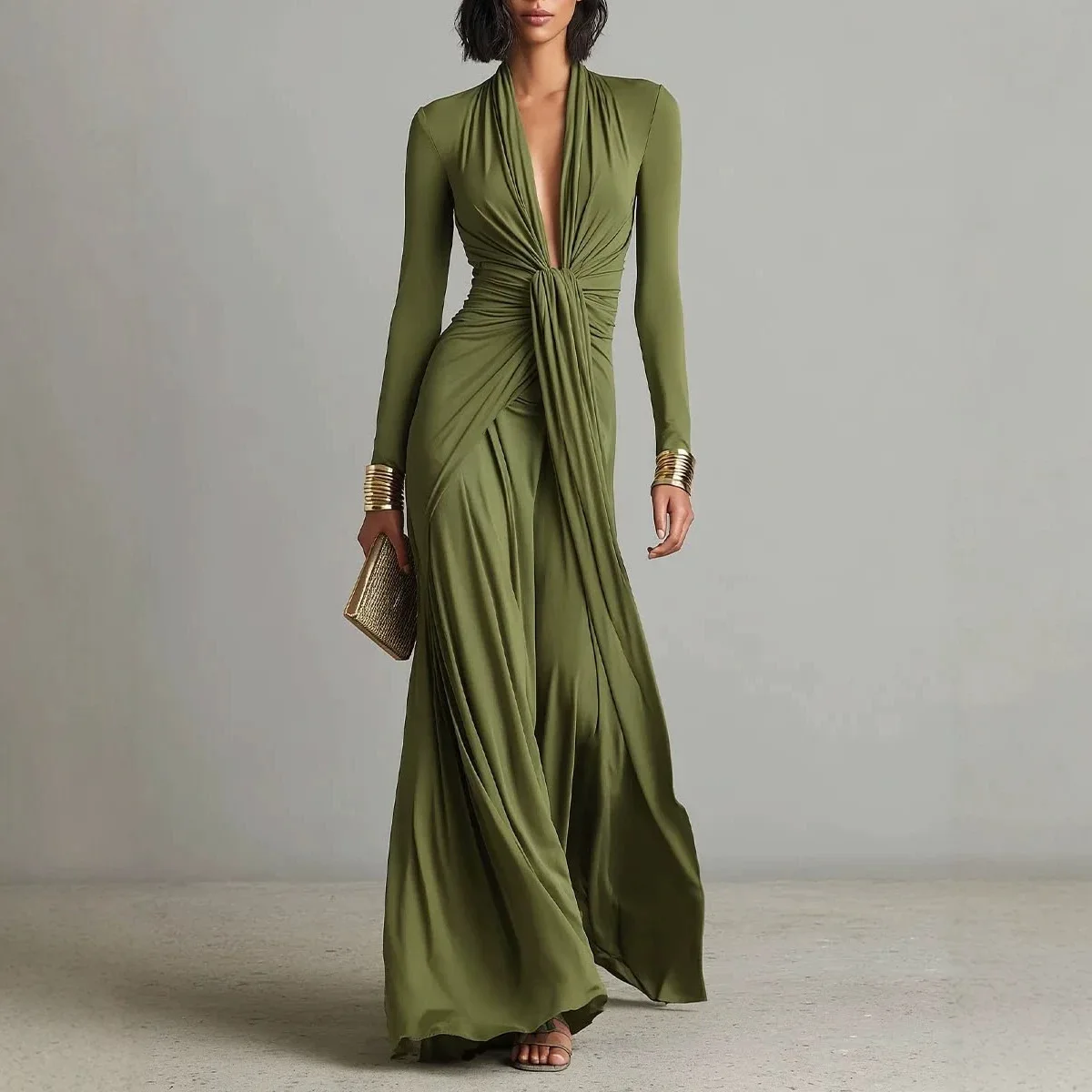 Women Deep V Neck Maxi Dress Long Sleeve Knotted Waist Wrap Split Hem Bodycon Elegant Evening Cocktail Formal Party Dress