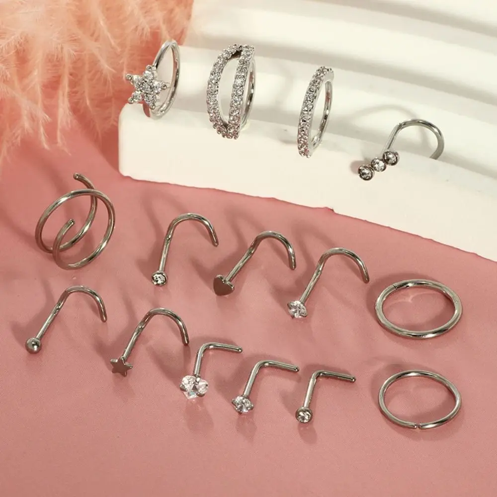 15Pcs Mixed Double Nose Rings L Ring Hoop Hypoallergenic Body Clips Hoop Rhinestone Nose Piercing Jewelry Piercing Studs Friends