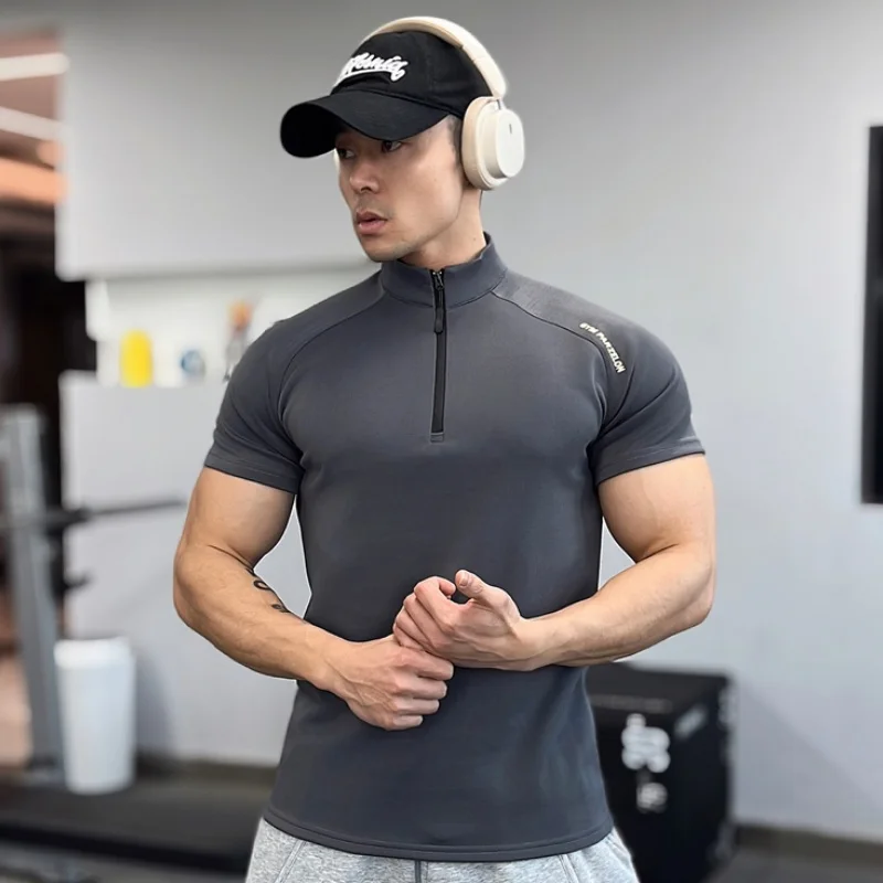 Spring quick-dry Fitness Compression T-shirt men Running Elastic short Sleeves tops half zip High neck Tight sports T-shirt