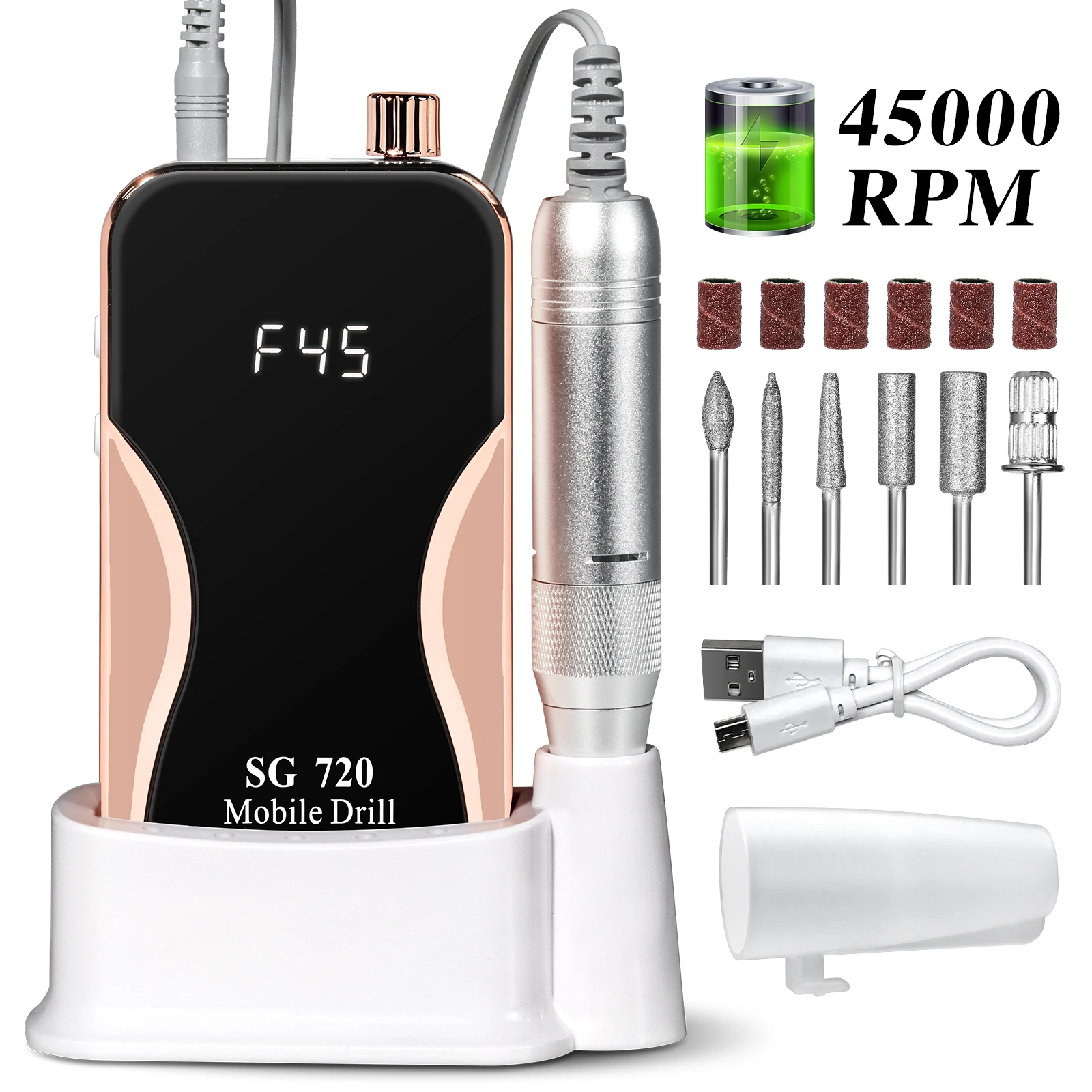 Professional 45000RPM Electric Nail Drill Rechargeable Electric Portable Nail Sander File Low Noise for Manicure Salon Tool