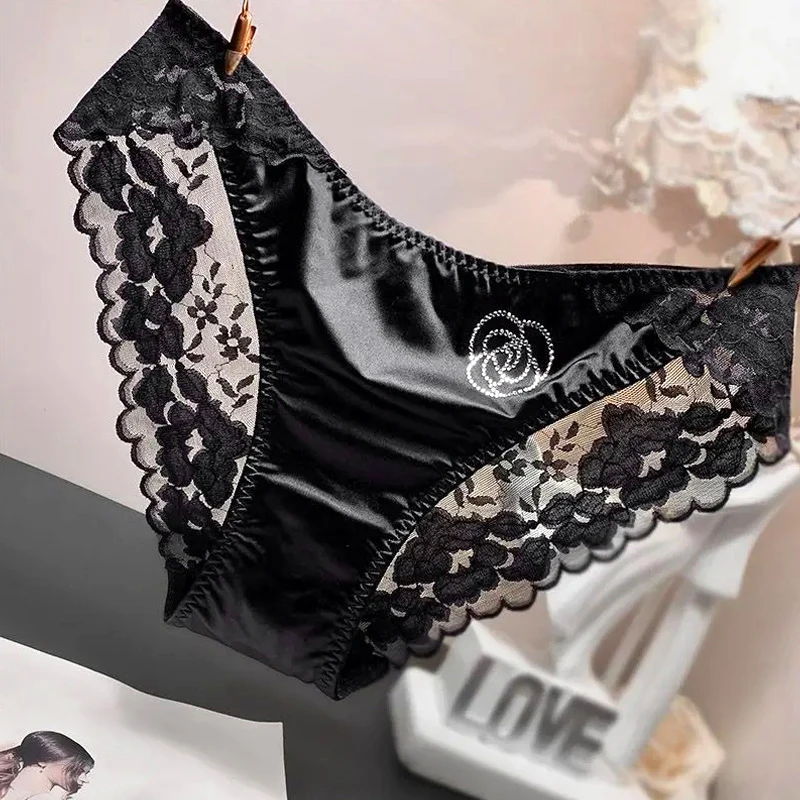 Women Ultra-thin Low-waist Rhinestone Satin Silk Lace Panties Underwear Transparent Seamless Sexy Briefs Breathable