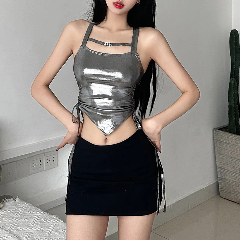 

2025 New Women Sexy Shinny Sliver Crop Tops Camisole Square Neck Solid Color Sleeveless Slim Side Lace Up Clothes Tank Tees Vest