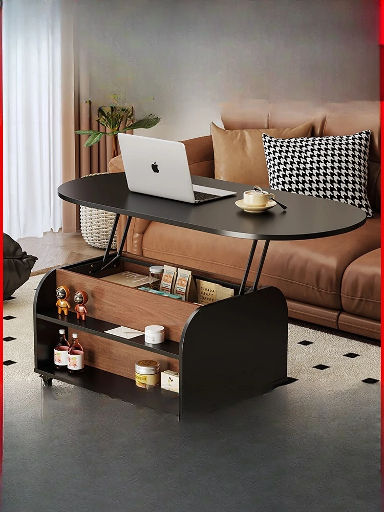 

Medieval style movable lifting coffee table Solid wood household double-sided storage rattan living room table Small apartment c