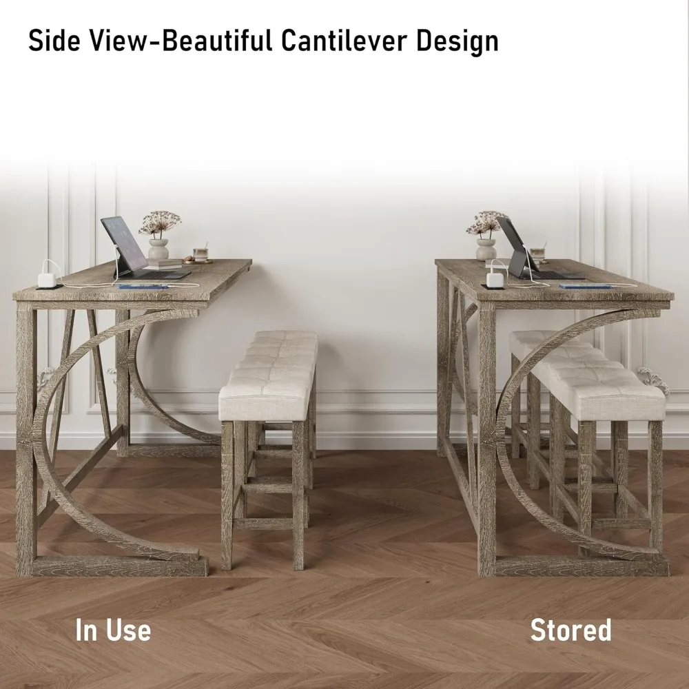 4-teiliges hohes Theken-Bartisch-Set mit Steckdose und 3 stoffgepolsterten Barhockern, hoher Frühstücksecke für die Küche mit Hocker