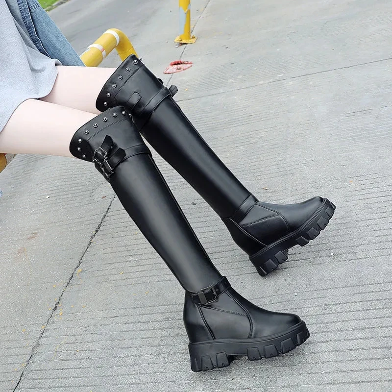 Winter 2024 Wedges Warm Shoes Black High Heel Women Over The Knee High Boots Female Fashion Rivet Sneakers Tight High Boots Lady