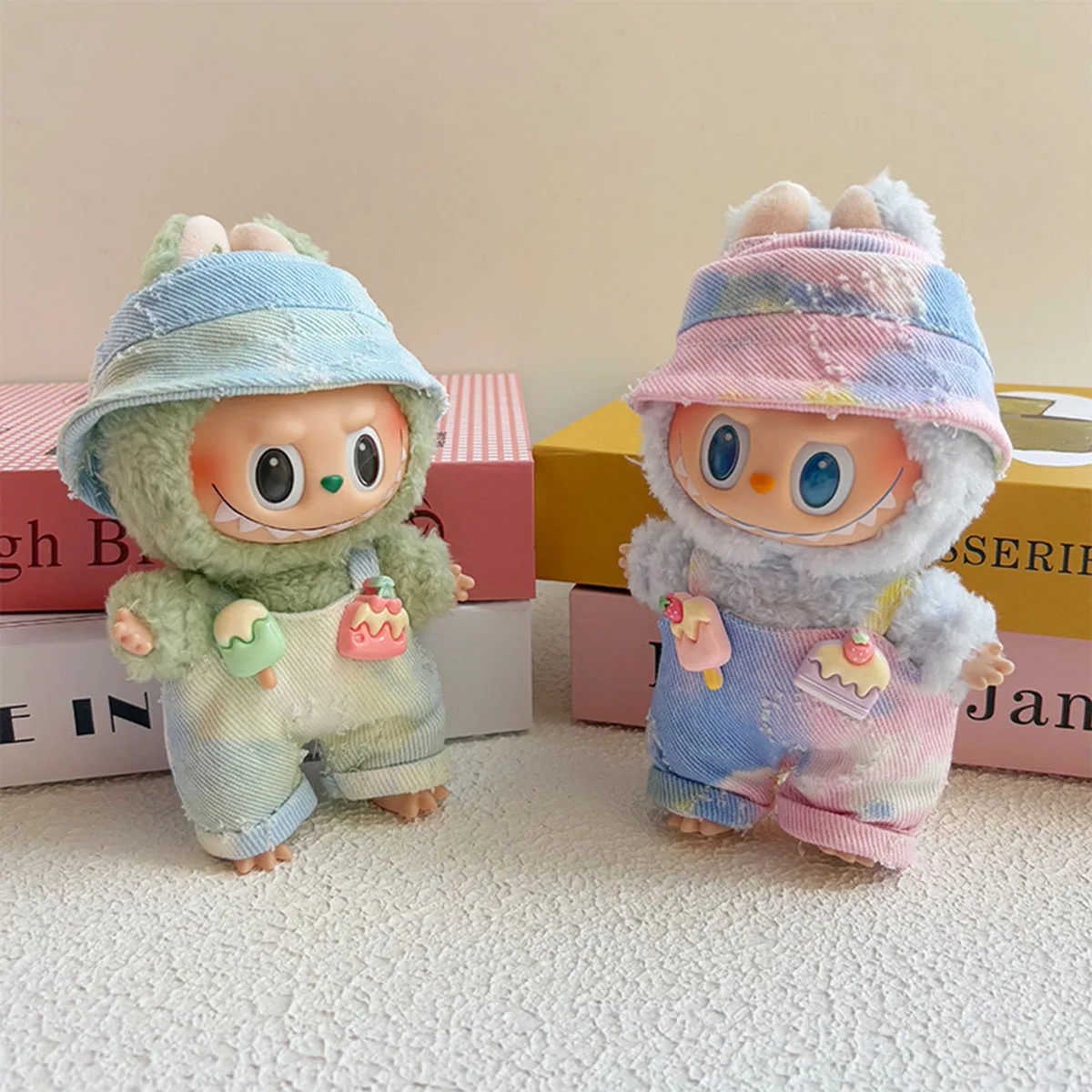 Мини-плюшевая кукла, повседневный красочный комбинезон, комбинезон, шляпа рыбака, одежда для Labubu, наряды, аксессуары, подарок