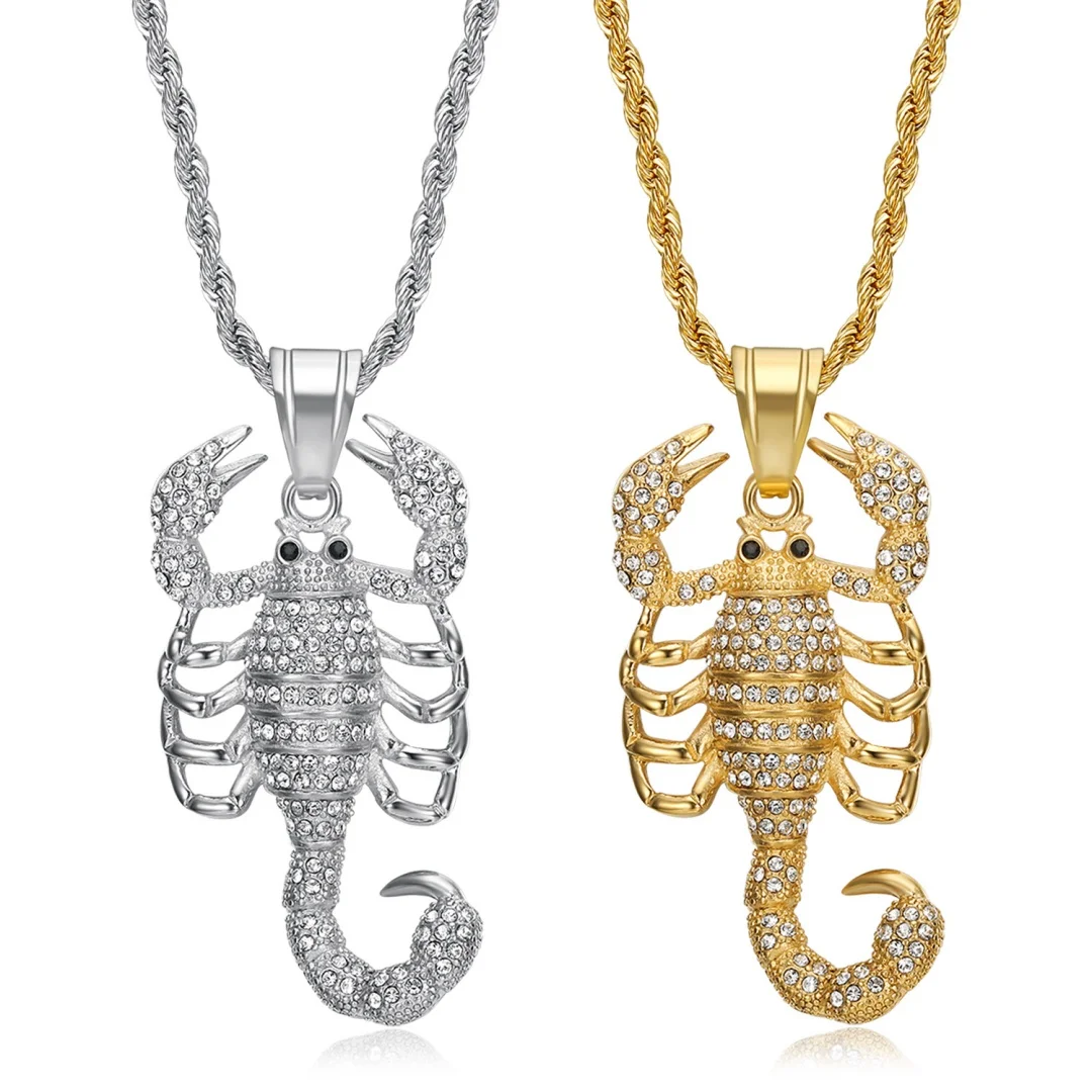 

Punk Iced Out Scorpion Scorpio Pendant Gold Silver Color Stainless Steel Rope Chain Animal Necklace for Women Men Jewelry Gift