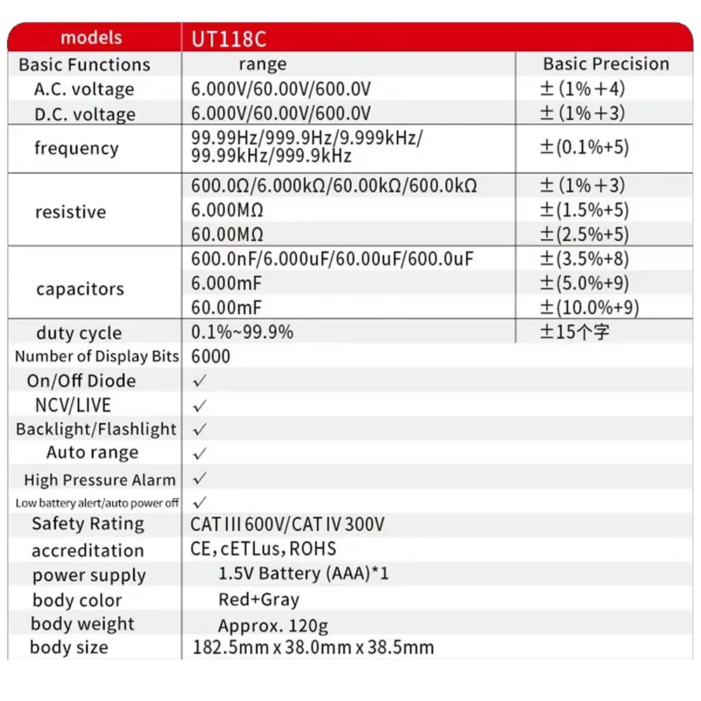 UNI-T UT118C Pentype Multimeter Digitale 6000 Telt AC/DC Spanning Weerstand Capaciteit Frequentie Diode EF NCV Multitester