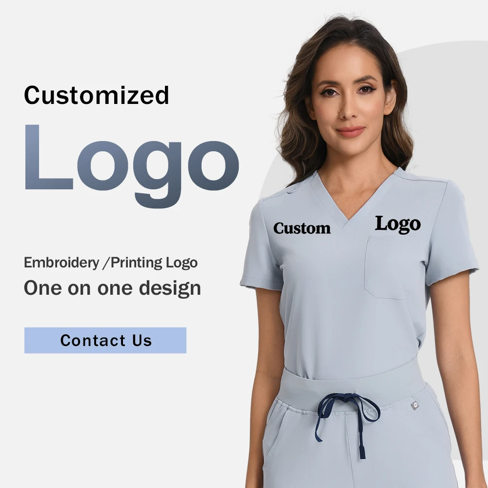 Customized LOGO Professional Embroidery Custom First Name And Last Name Women Scrubs Uniforms V-neck Top