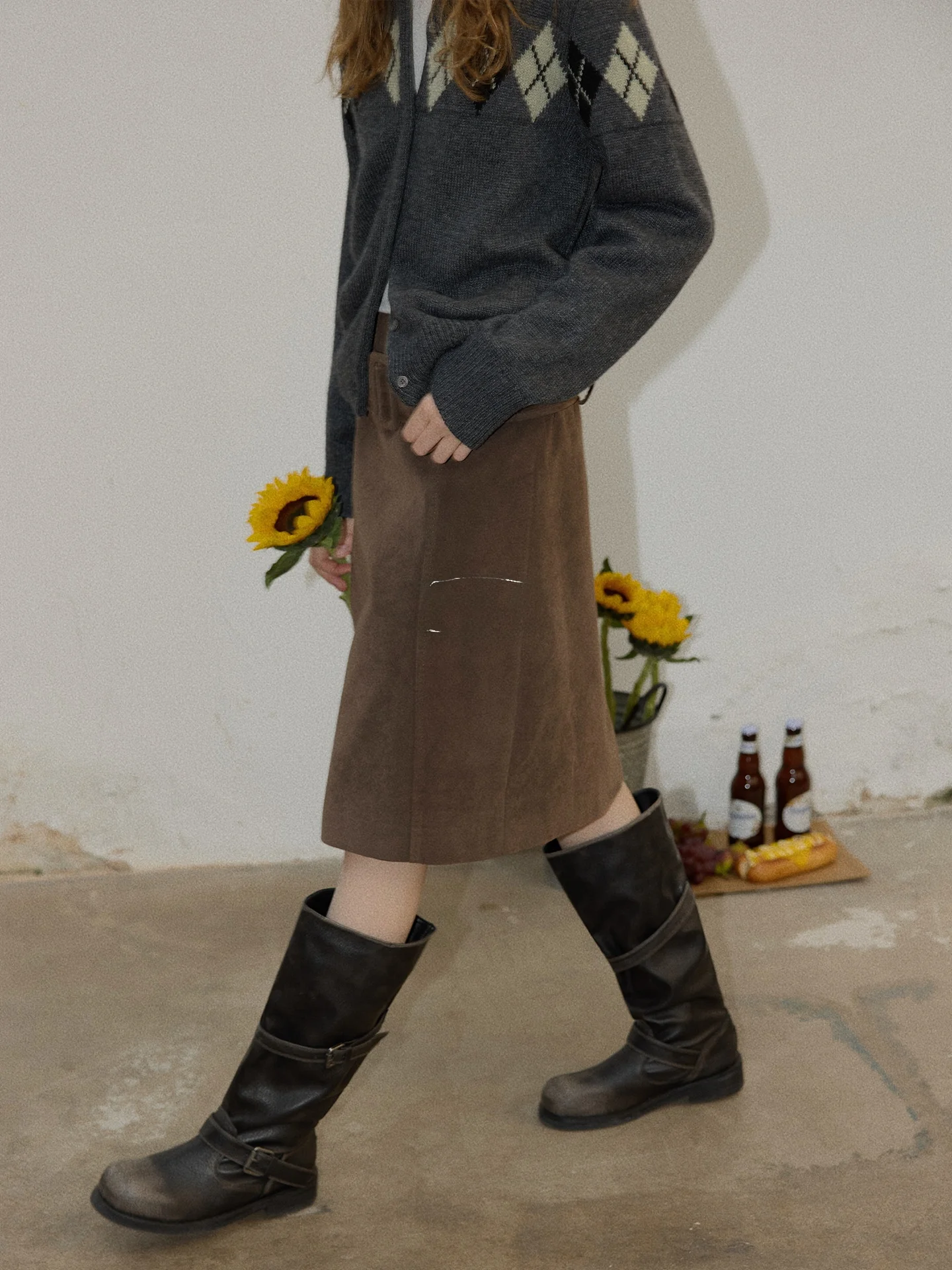 BMLT Brown A-Line Midi Skirt with Belt Sweet And Spicy Design Straight Cut Spring Slimming High Waist Casual Style Women's Skirt